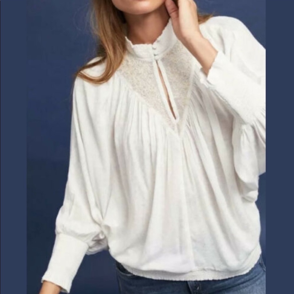 Feather Bone Ivory Embroidered Beaded “Edda” Smocked Dolman Sleeve Blouse